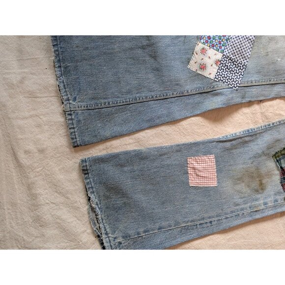 Vintage Lee Denim Flares 60s Patches Faded Worn Women's 30x30 Americana - Picture 9 of 9